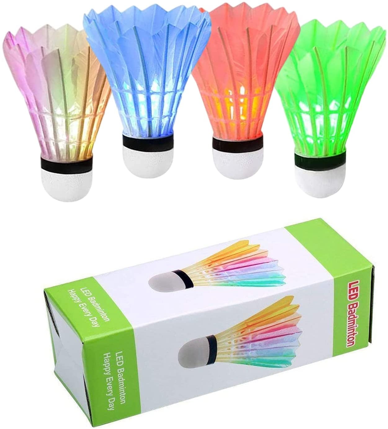 LED Badminton Shuttlecocks Dark Night Glow Birdies Lighting for Outdoor & Indoor Sports Activities (Feather_4pcs)