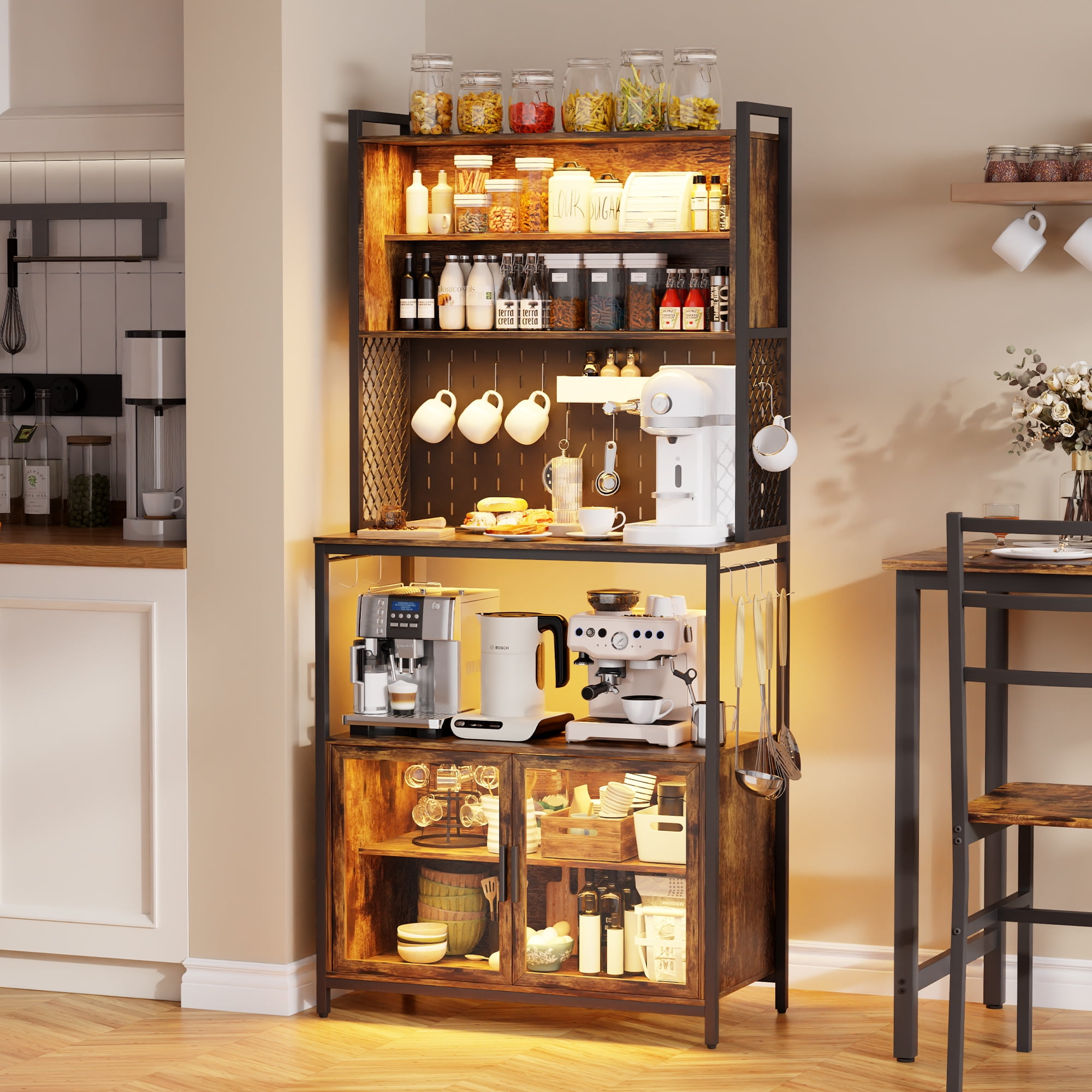 LED Bakers Rack with Lights 67 Tall Kitchen Pantry Cabinet with Pegboard