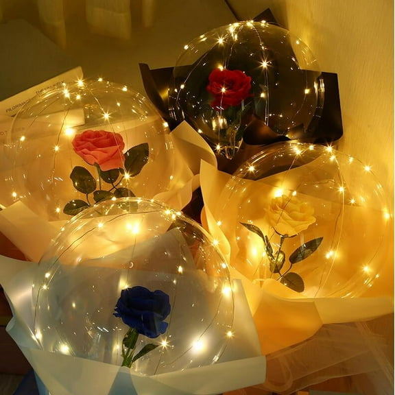 LED Balloon Rose Bouquet Light up Bobo Balloon with Rose DIY set 22 inch Glow Bubble Balloons with String Lights ,4 Pack