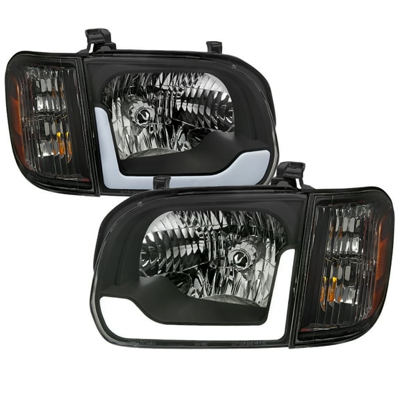 LED Bar Factory Style Headlights w/Corner Lamps and Amber Reflector (Black Housing/Clear Lens) Made for and Compatible with 2005-2006 Toyota Tundra/2005-2007 Sequoia