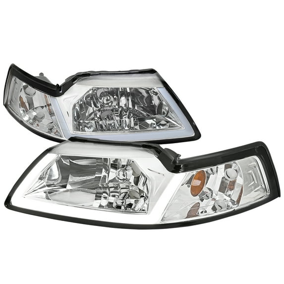 LED Bar Factory Style Headlights with Amber Reflector (Chrome Housing/Clear Lens) Made for and Compatible with 1999-2004 Ford Mustang