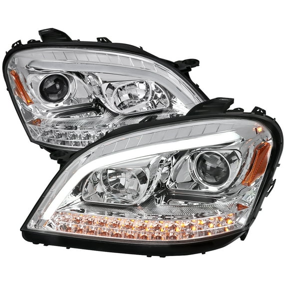 LED Bar Projector Headlights w/ Sequential Turn Signal Lights (Chrome Housing/Clear Lens) Made for and Compatible with 2006-2008 Mercedes Benz W164 ML Class