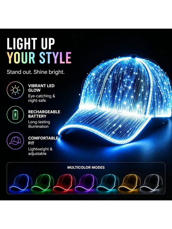 LED Baseball Cap, Fiber Optic Light Up Hat, Glowing Casual Headwear for Parties Concerts, Woven Fabric and Fiber Lights with Illuminated Strands for Light-Up Personal Styling