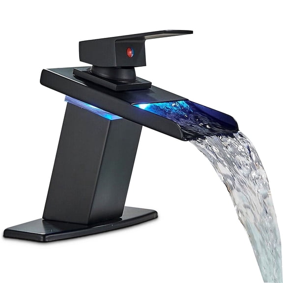 LED Bathroom Basin Sink Faucet Black Waterfall Spout Mixer Tap w/ Cover