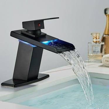LED Bathroom Basin Sink Faucet Black Waterfall Spout Mixer Tap w/ Cover