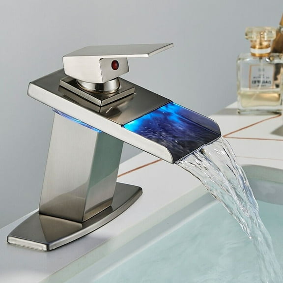 LED Bathroom Basin Sink Faucet Brushed Nickel Waterfall Spout Mixer Tap w/ Cover