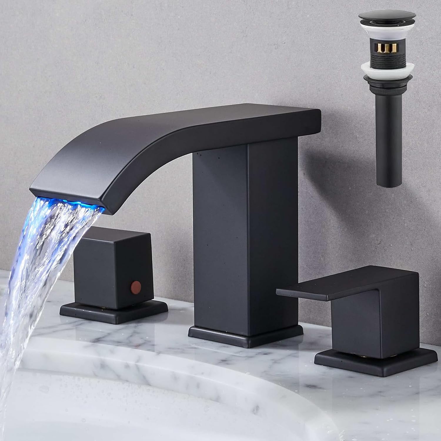 Waterfall Bathroom Faucet 3 Hole Widespread Sink Faucet Deck Mount LED