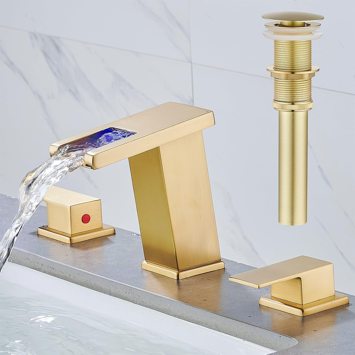 LED Bathroom Faucet 3 Hole, Brushed Gold Waterfall Bathroom Faucets, 8 ...