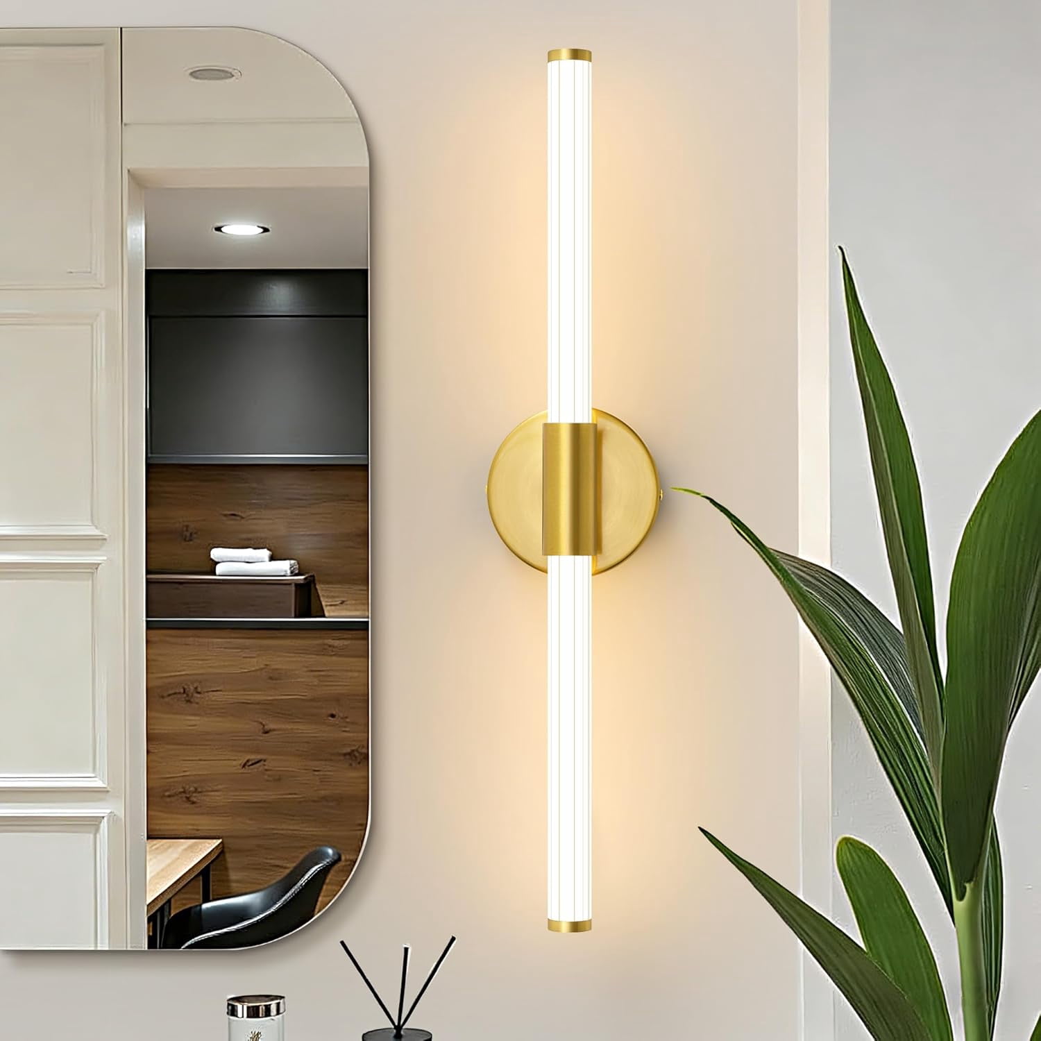 LED Bathroom Light Fixtures, Gold Vanity Lights for Bathroom, 360° Full Lighting Dimmable LED 24 inch Vanity Light Bar Over Mirror, Hardwired Modern Wall Sconce Warm White for Bedroom Living Room