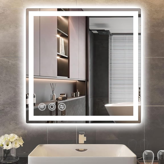 LED Bathroom Mirror 24"x 24" with Frontlit and Backlit, Anti-Fog Bathroom Vanity Mirror,Stepless 3 Colors Temperature & Dimmable Wall Mounted Mirror,Memory Tempered Glass Mirror for Bathroom