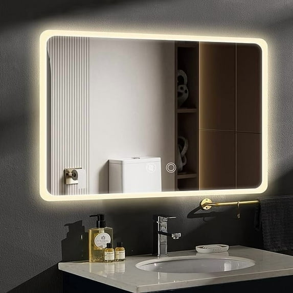 LED Bathroom Mirror, 28 x 20 Inch, Wall Mounted Vanity Mirror, Anti-Fog, Dimmable, Touch Sensor Switch Control, AC Plugin with 3 Colored LED Lights, Horizontal & Vertical - M1012