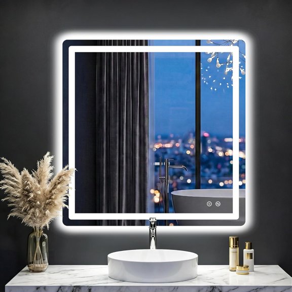 LED Bathroom Mirror 30"x30" with Anti-Fog Dimmable 3-Color Front and Back Lighting Shatterproof Tempered Glass