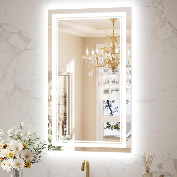LED Bathroom Mirror 40 x 24 with Frontlit and Backlit, Stepless 3 Colors Temperature & Dimmable Vanity Mirror, UL Listed LED Driver, Double Light Strips, Tempered Glass Mirror with Lights