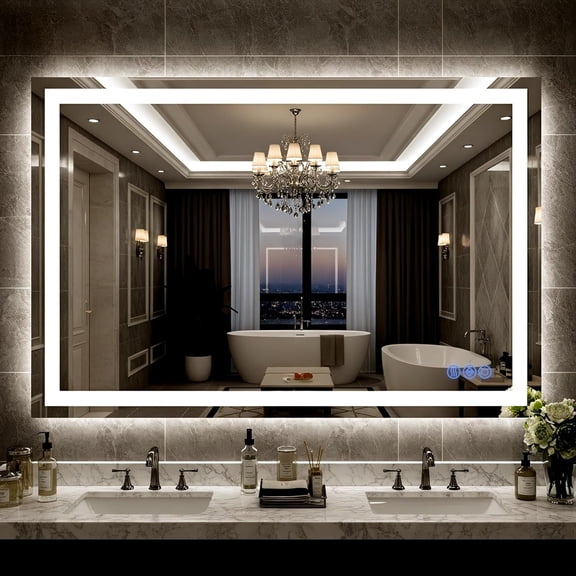 LED Bathroom Mirror 48"x32", Wall-Mounted Vanity Mirrors Front & Backlit Separate Light Control Stepless Dimmable Anti-Fog Memory 3 Color Temperatures Shatter-Proof Tempered Glass