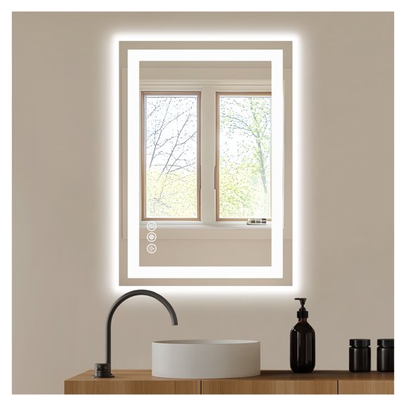 LED Bathroom Mirror Anti-Fog, 3 Color Temperature Modes - Wall Mounted Vanity Mirror with Front/Back Lighting, Adjustable Brightness, Memory Function