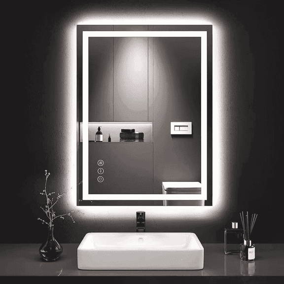 LED Bathroom Mirror with Anti-Fog and Dimmable Light, Modern Rectangular Vanity Mirror with Frontlit & Backlit, Plug-in or Hardwire Mounting, Tempered Glass for Wall Bath Vanity