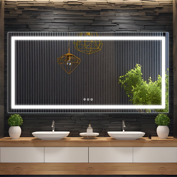 LED Bathroom Mirror with Front and Backlit Lights,Anti-Fog Lighted Vanity Mirror,Large Dimmable Wall Mirrors,3-Color Modes,Shatter-Proof,Horizontal/Vertical Makeup Mirror,Double LED Vanity Mirror