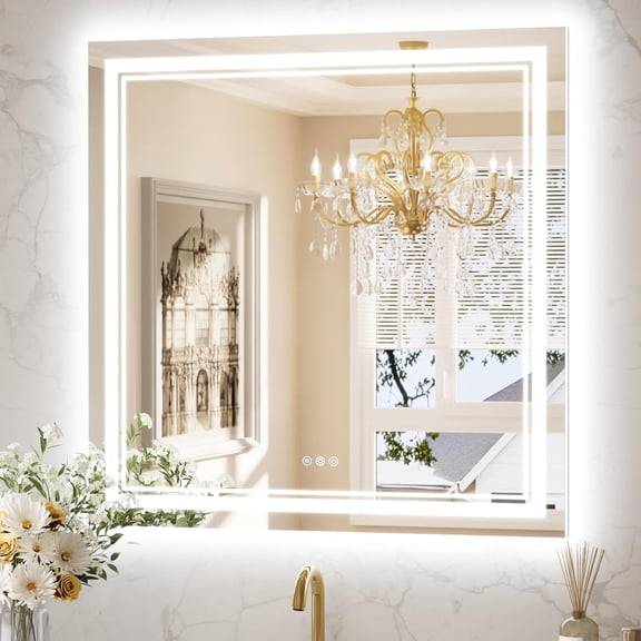 LED Bathroom Mirror with Lights, 36" x 36" Frontlit and Backlight, Stepless 3 Colors Temperature & Dimmable Wall Mirror, UL Listed LED Driver, Double LED Strips Tempered Glass Lighted Mirror