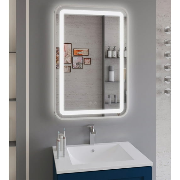 LED Bathroom Mirror with Lights, Front Light and Backlit with Rectangular Round Corner Frame, Stepless Dimmable, Anti-Fog, Memory, Lighted Bathroom Vanity Mirror for Wall