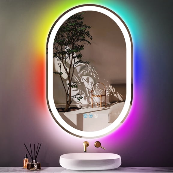 LED Bathroom Mirror RGB Color Changing  Front Lights Mirror, Lighted Mirror for Bathroom Wall, Oval Bahtroom Mirror with Lights, Anti-Fog, Dimmable, Memory, 3 Colors