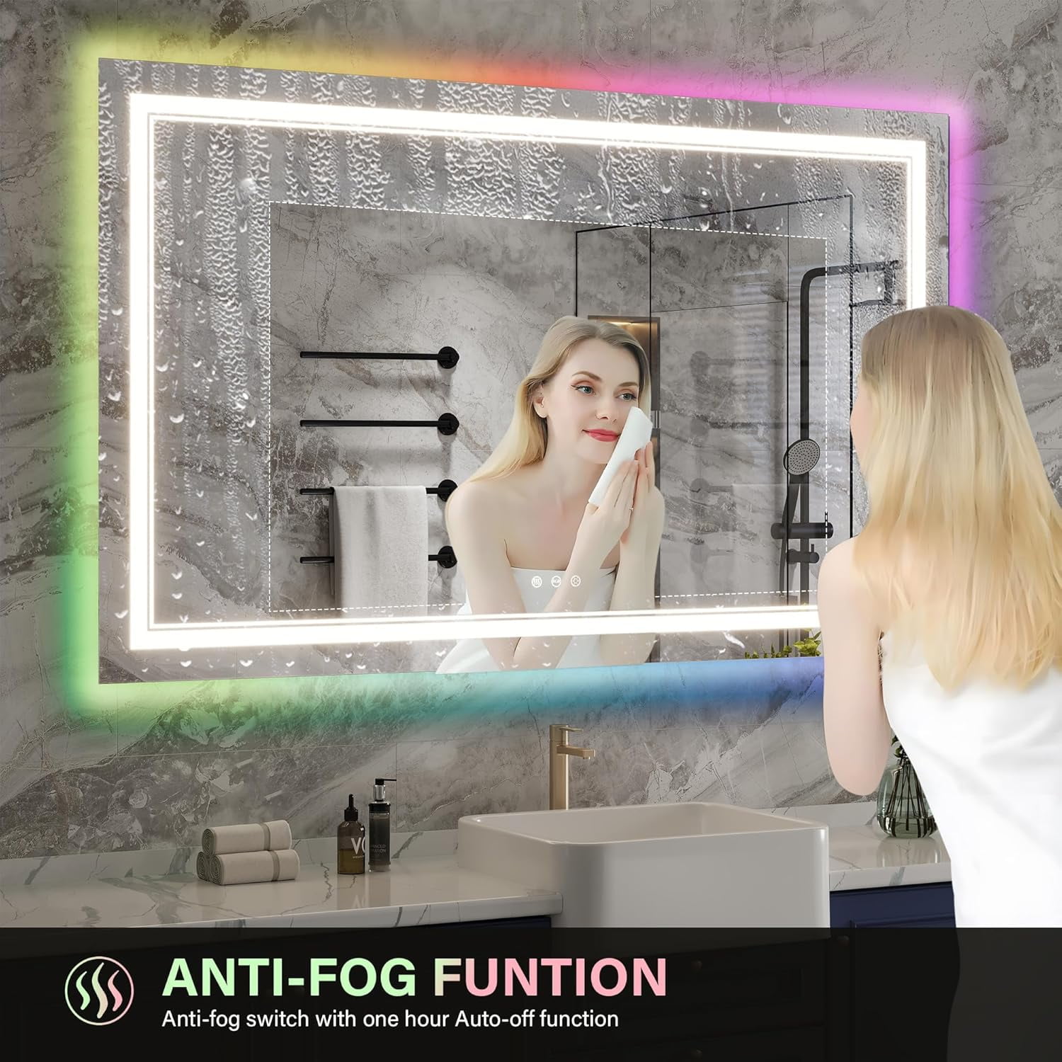 LED Bathroom Mirror with RGB Lighting, Front and Backlight, Fog-Free, Adjustable Brightness ...