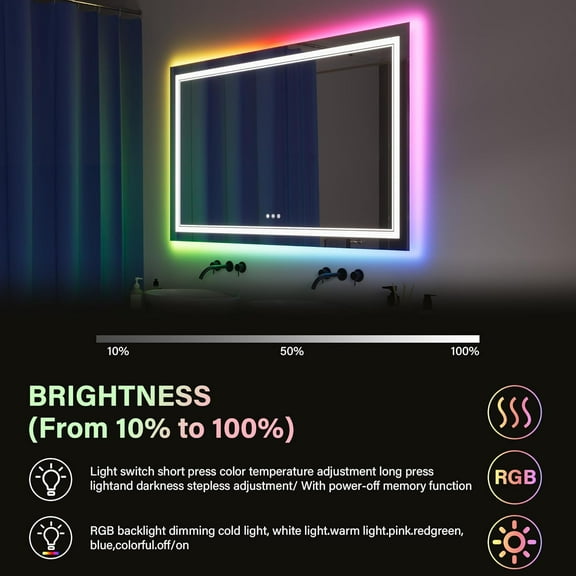 LED Bathroom Mirror with RGB Lighting, Front and Backlight, Fog-Free, Adjustable Brightness – Modern Wall-Mounted Vanity Mirror, IP54 Waterproof, ETL Listed