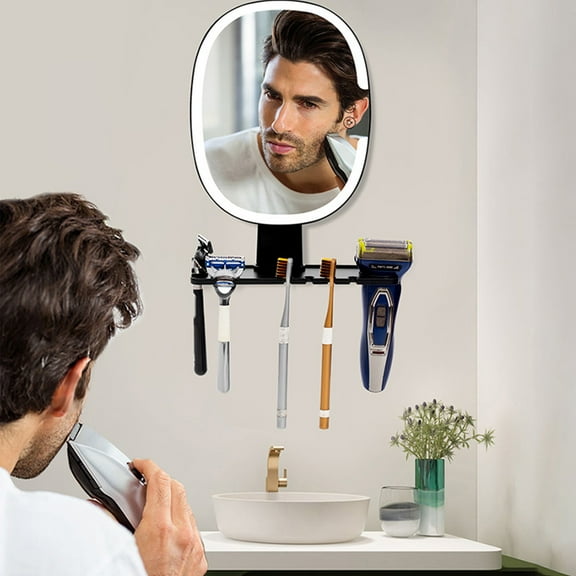 LED Bathroom Mirror with Anti-Fog — 12in x 8.7in, Wall Mounted Vanity Mirror with LED Lights, Storage Shelf & Hooks for Shaving and Makeup