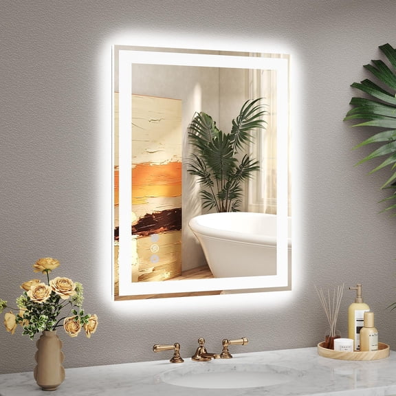LED Bathroom Mirror with Front and Back Lighting, Anti-Fog and Memory Function, 28"L x 20"W Rectangular Tempered Glass Wall Mount Vanity Mirror