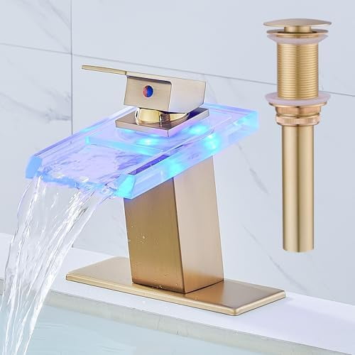 LED Bathroom Sink Faucet, Brushed Gold Waterfall Single Hole Handle Vanity Faucets for Sinks 1 Hole with Metal Pop Up Drain and 2 Water Supply Lines, Open Glass Spout