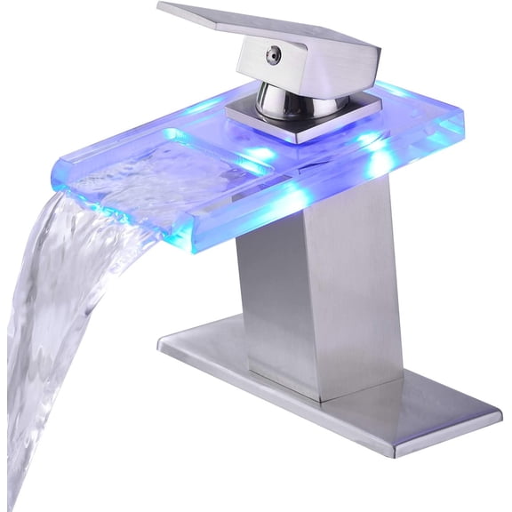 Brushed Nickel LED Bathroom Sink Faucet Chrome Waterfall Single Hole Handle Vanity Faucet
