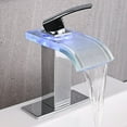 thumbnail image 1 of LED Bathroom Sink Faucet, Chrome Waterfall Single Hole Handle Vanity Faucets for Sinks 1 Hole with Metal Pop Up Drain and 2 Water Supply Lines, Wide Glass Spout, 1 of 12