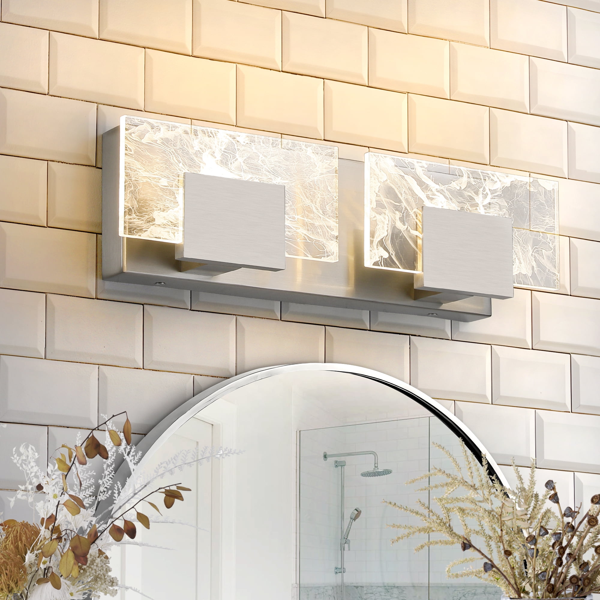 LED Bathroom Vanity Light 2-Light Brushed Nickel Acrylic Modern Lighting Fixtures Smoke Design 3000K Wall Lights Fixture Over Mirror