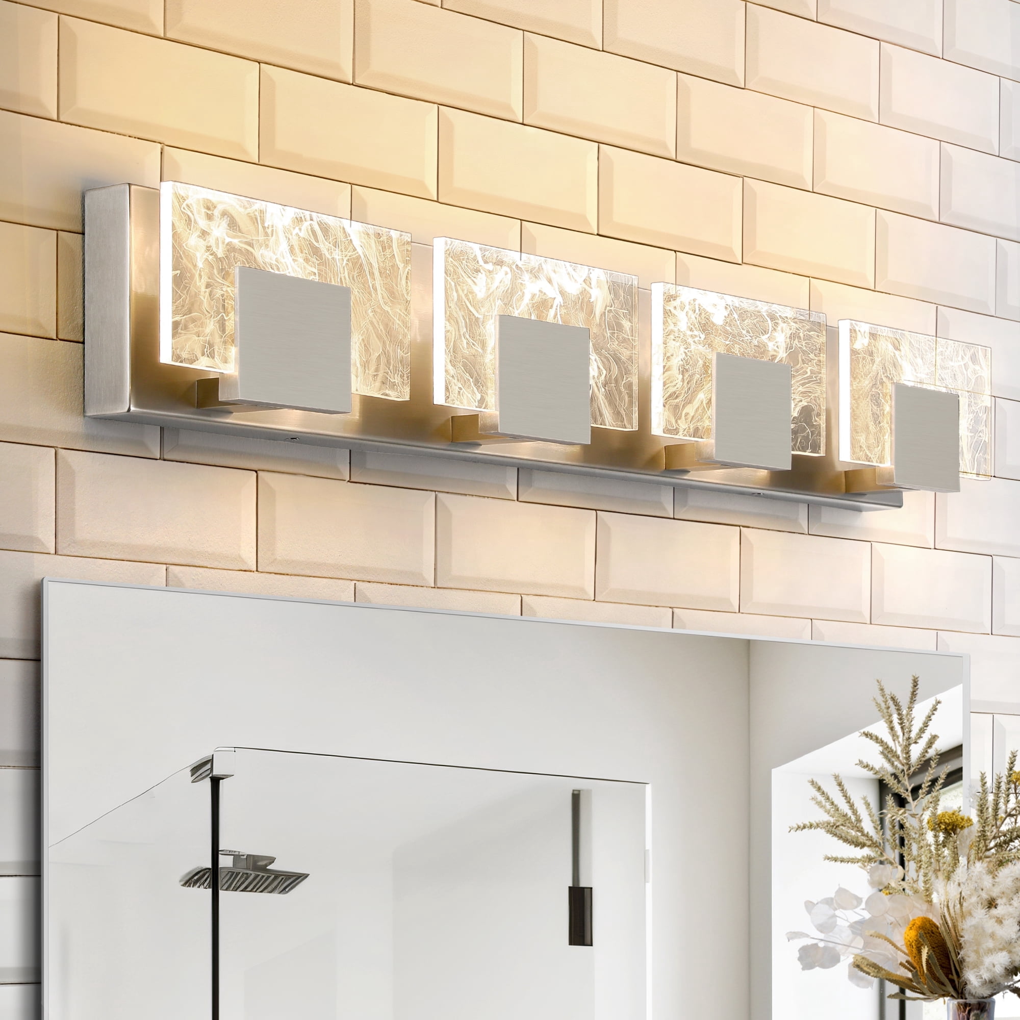 KAISITE 4-Light LED Modern Bathroom Lights over Mirror, Brushed Nickel Acrylic, Smoke Design, 3000K Wall Lights Fixture for Bedroom Living Room
