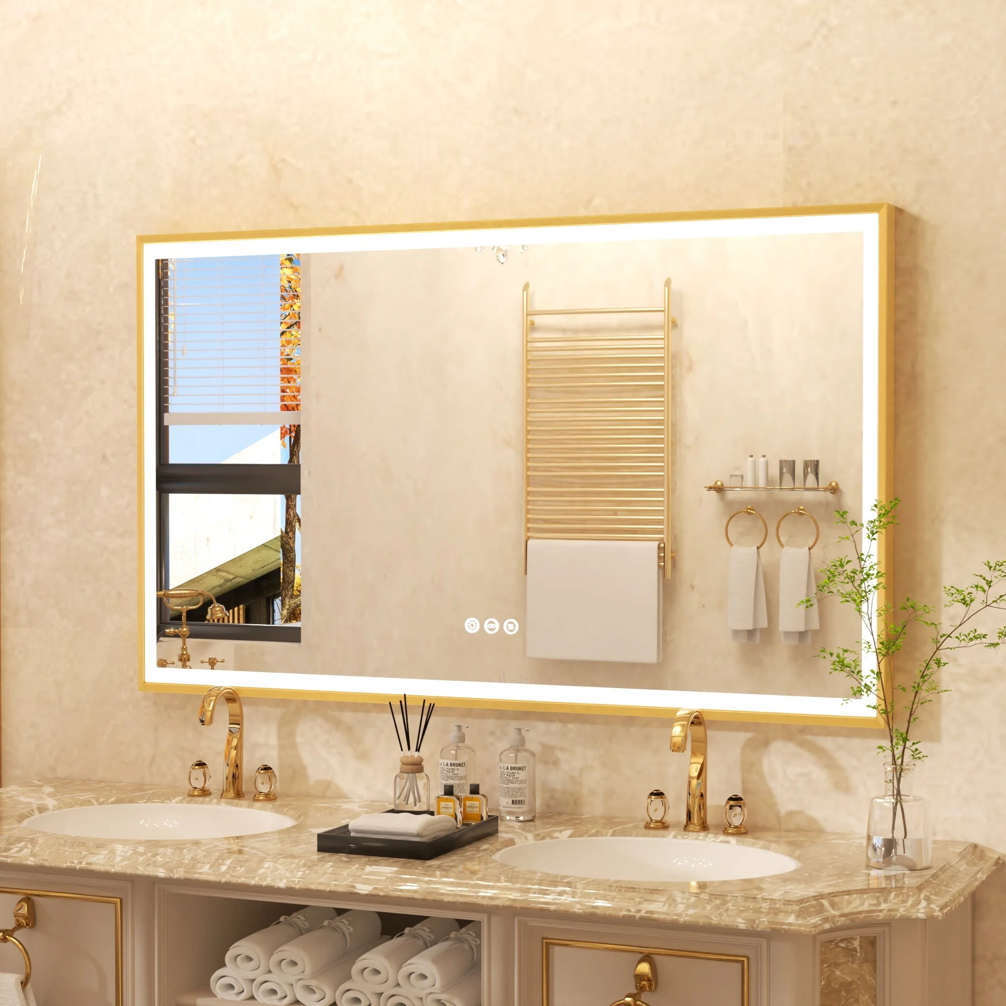 LED Bathroom Vanity Mirror Gold Frame Front Lighted Aluminum Rectangle