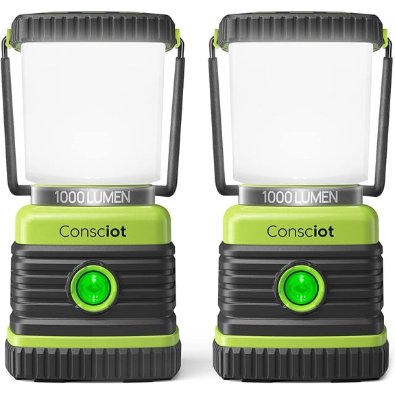 LED Battery Powered Camping Lantern, 1000 LM, 4 Light Modes, IPX4 Waterproof, Portable Tent Light, Light Green, 2 Pack