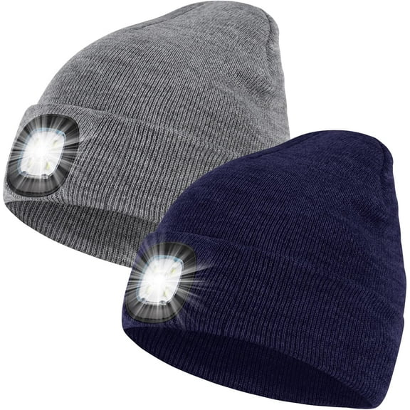 LED Beanie Hat with Light Set of 2, Gifts for Men Dad Husband Him Women, USB Rechargeable Lighted Cap Headlamp Hat,, Unisex Warm Winter Knitted LED Hat