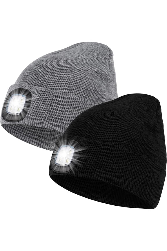 LED Beanie Hat with Light Set of 2, Gifts for Men Dad Husband Him Women, USB Rechargeable Lighted Cap Headlamp Hat,, Unisex Warm Winter Knitted LED Hat