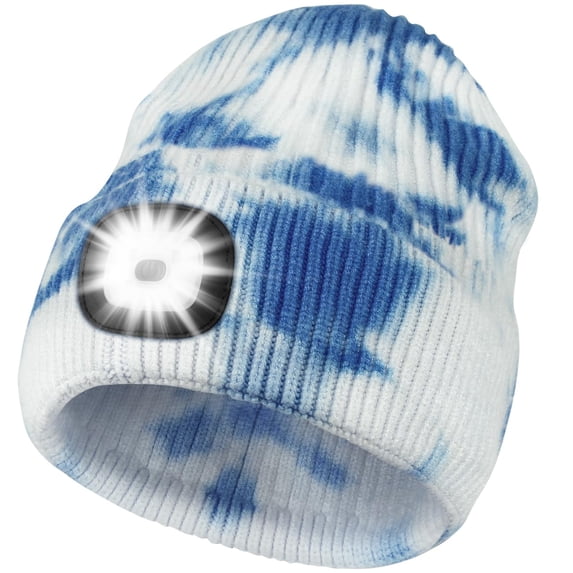 LED Beanie Hat with Light, USB Rechargeable Hands-Free Hat Flashlight, Winter Warm Knit Beanie, Gifts for Men Dad Husband for Running Camping Hunting (Blue Tie Dye)