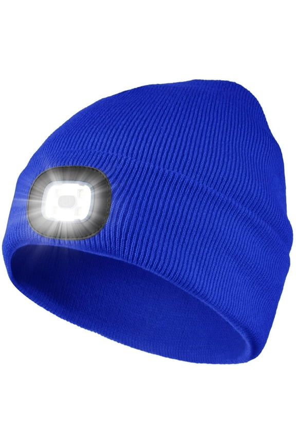 LED Beanie Hat with Headlamp, Unisex 4 LED Knitted Cap Flashlight Head Lights Hat Women Men Winter Gift (Blue)