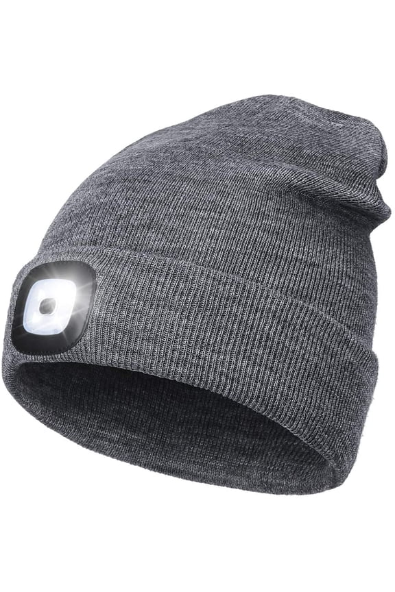 LED Beanie Hat with Headlamp, Unisex 4 LED Knitted Cap Flashlight Head Lights Hat Women Men Winter Gift (Grey)