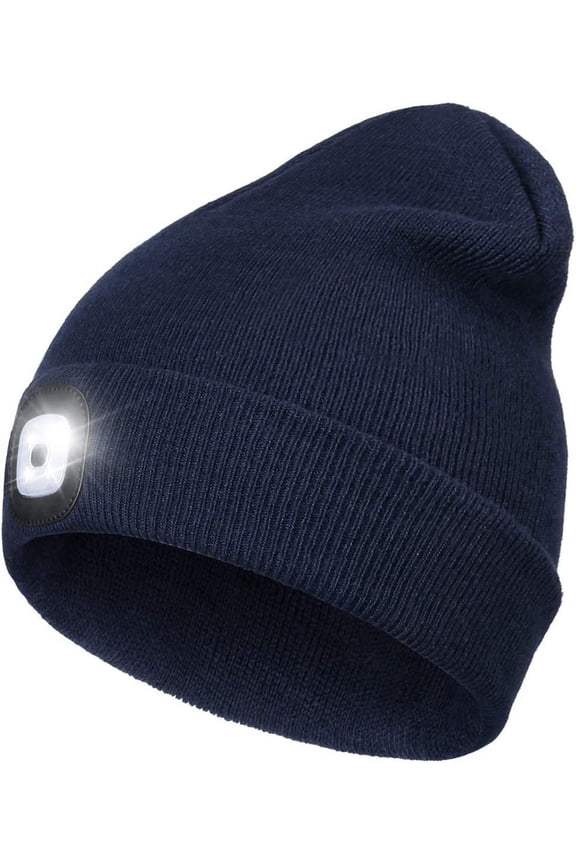 LED Beanie Hat with Headlamp, Unisex 4 LED Knitted Cap Flashlight Head Lights Hat Women Men Winter Gift (Navy Blue)