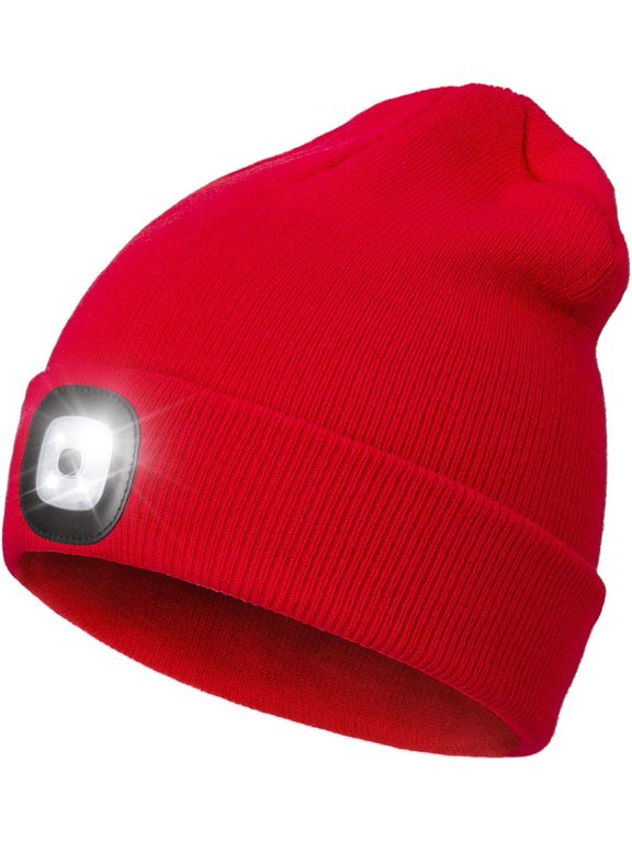 LED Beanie Hat with Headlamp, Unisex 4 LED Knitted Cap Flashlight Head Lights Hat Women Men Winter Gift (Red)