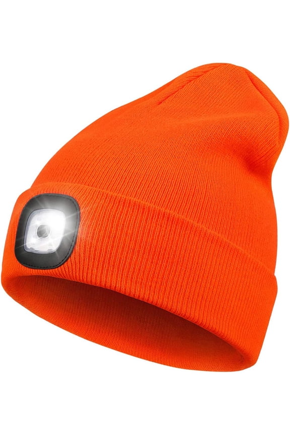 Winter Unisex Beanie Hat with Light, Rechargeable Hands Free LED Headlamp Knitted Light Beanie Cap,Men Gifts for Dad Husband (Orange)