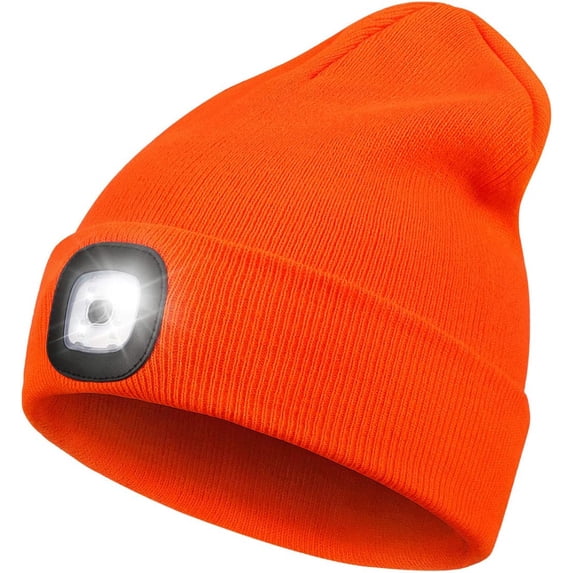 Winter Unisex Beanie Hat with Light, Rechargeable Hands Free LED Headlamp Knitted Light Beanie Cap,Men Gifts for Dad Husband (Orange)