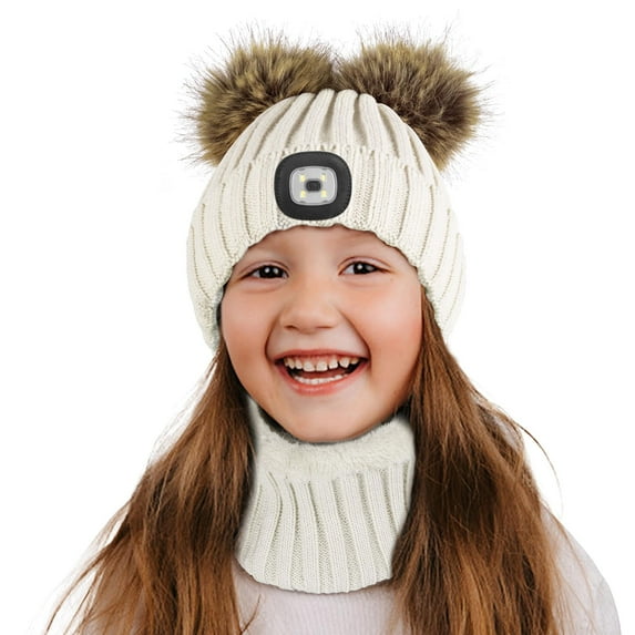 LED Beanie Hat with Light, Night Scope Beanie with Headlamp, Pom Pom Knitted Winter Hat Scarf Set for Women Girls Kids
