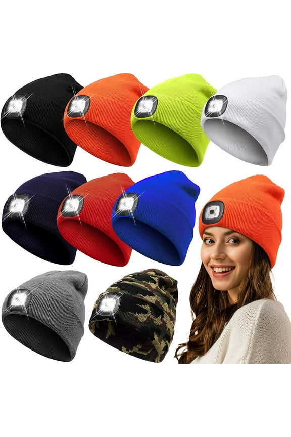 LED Beanie Hat with Light, Unisex Rechargeable LED Headlamp Hat, Warm Knit Hat, Head Light for Outdoor Dog Walking,Gifts for Men Women Dad