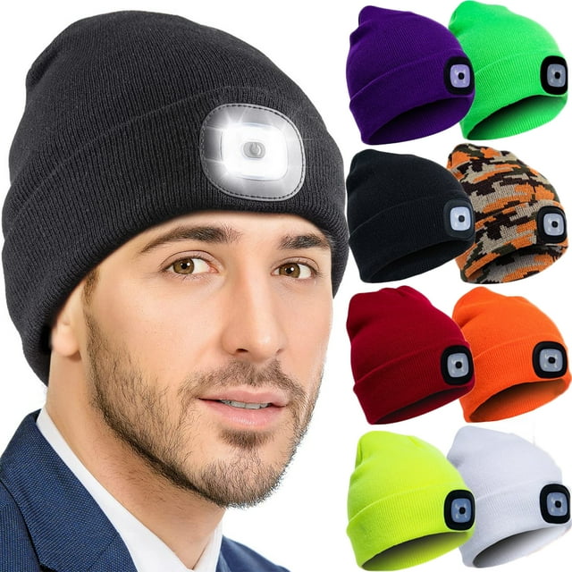 LED Beanie Hat with Light, Unisex Rechargeable LED Headlamp Hat, Warm Knit Hat, Head Light for