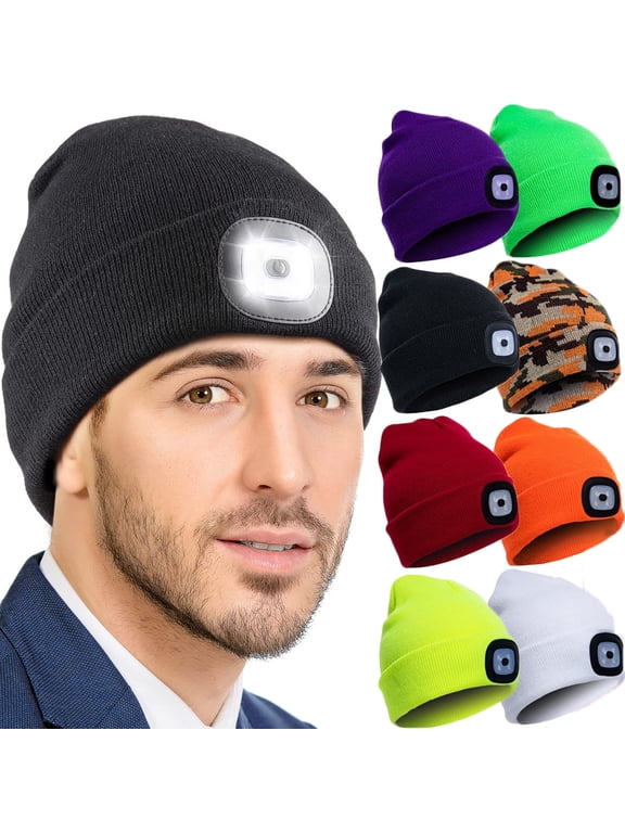 LED Beanie Hat with Light, Unisex Rechargeable LED Headlamp Hat, Warm Knit Hat, Head Light for Outdoor Dog Walking,Gifts for Men Women Dad