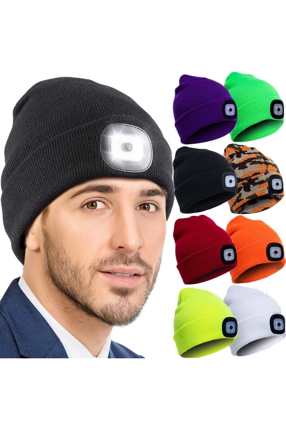LED Beanie Hat with Light, Unisex Rechargeable LED Headlamp Hat, Warm Knit Hat, Head Light for Outdoor Dog Walking,Gifts for Men Women Dad