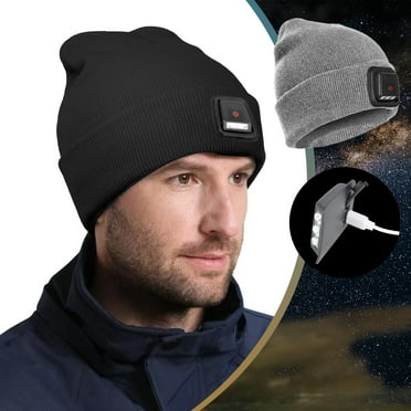 LED Beanie Hat with The Light, AYAMAYA USB Rechargeable Light Up Hat with 3 LED Bulbs Warm Knitted Cap Perfect Gifts for Men (Black)